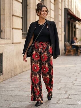 Wide Leg Printed Pants in Black & Red